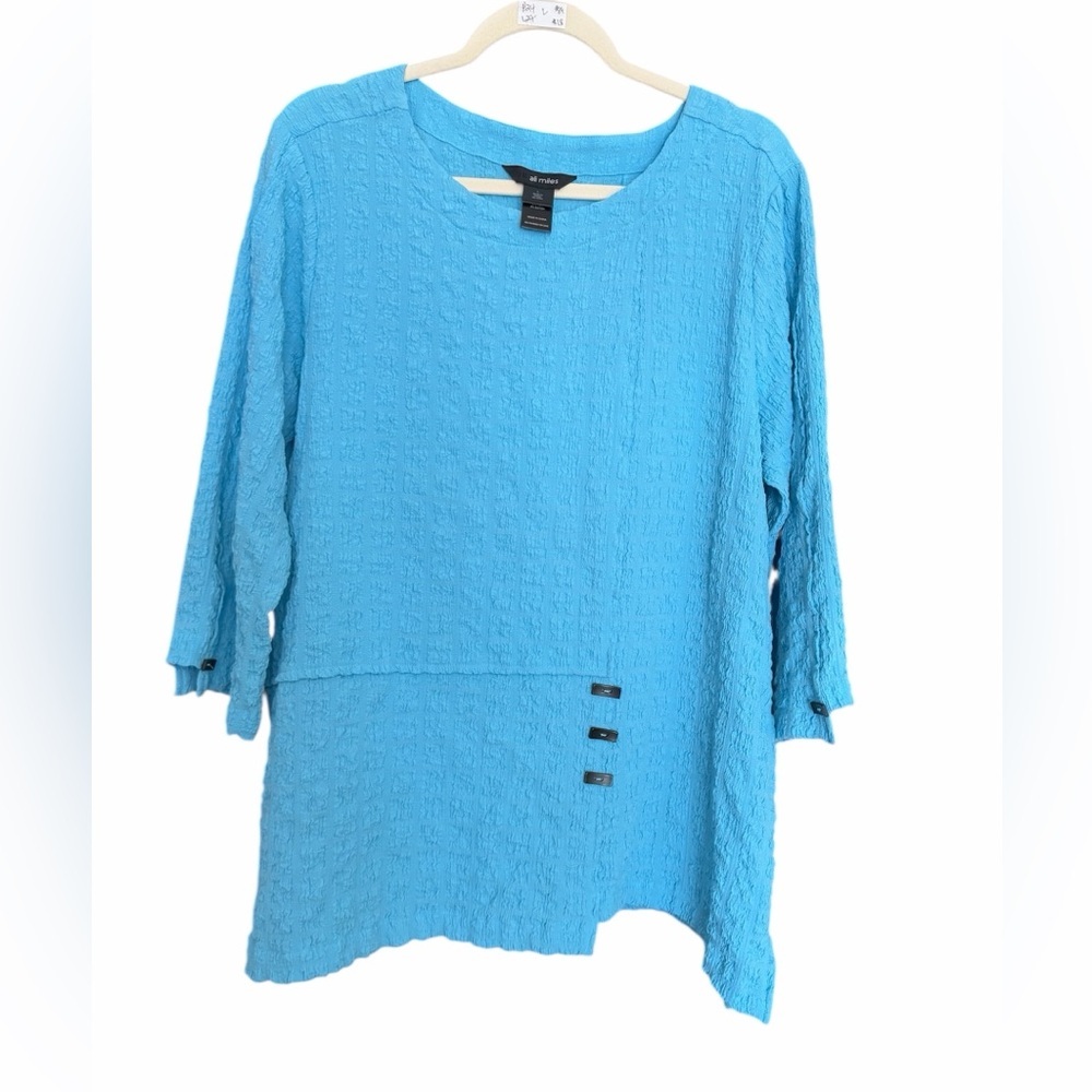 Ali Miles Textured Blue Tunic Top 3/4 Length Sleeves